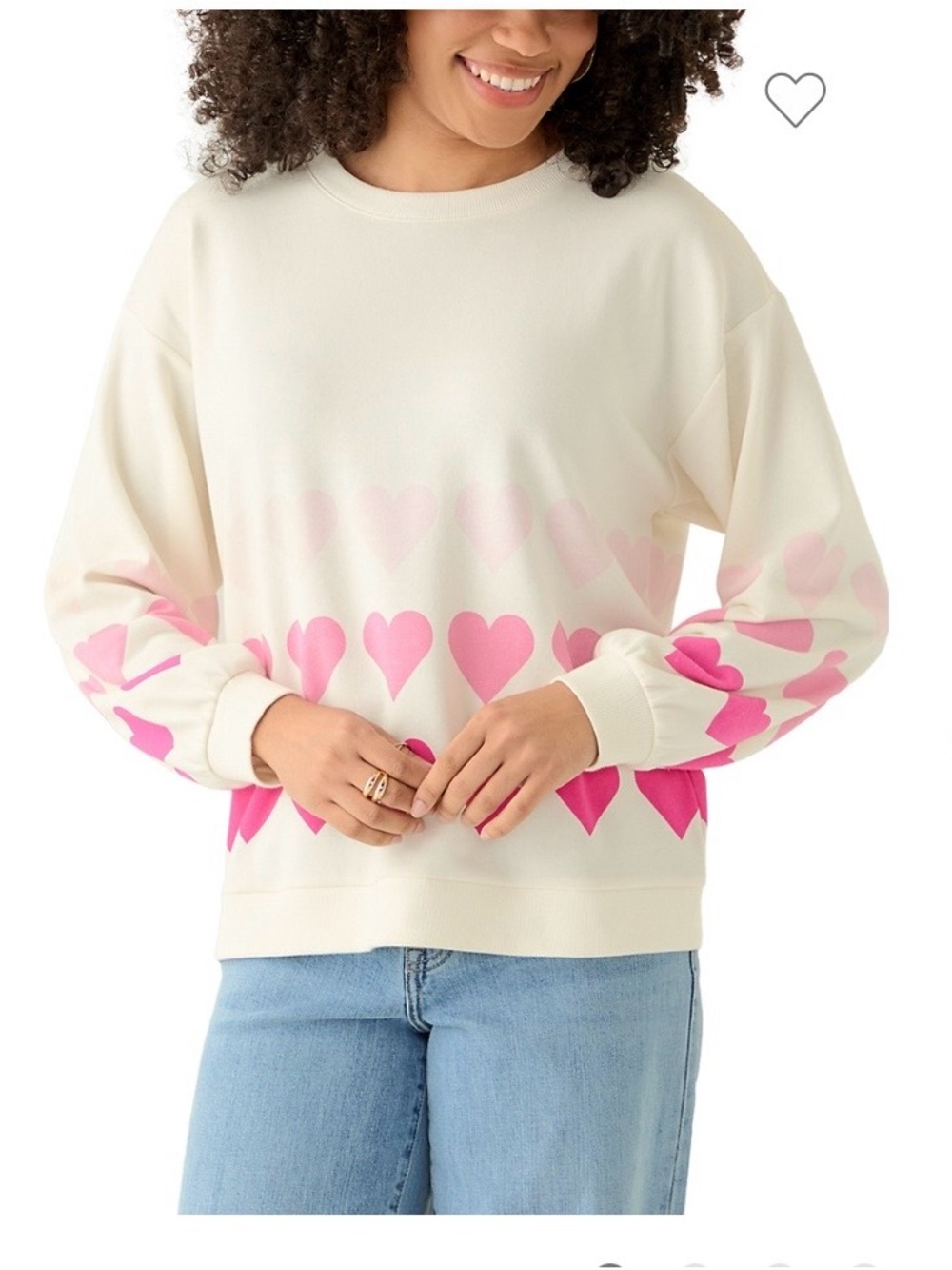 Crown & Ivy Women’s Ivory Sweatshirt with Pink Heart Print Detail - Size L NWT